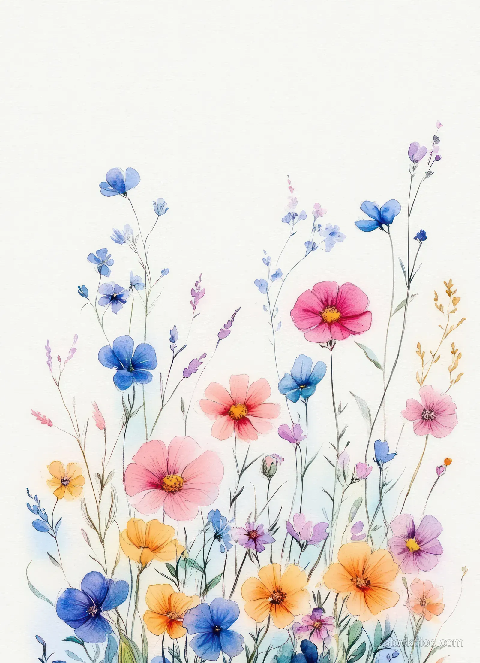 Watercolor wildflowers with pink, blue, purple, and orange blossoms arranged on slender stems over a white background.