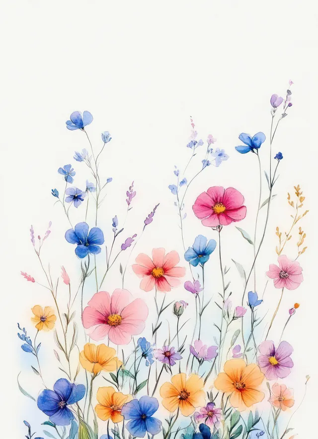 Watercolor wildflowers with pink, blue, purple, and orange blossoms arranged on slender stems over a white background.