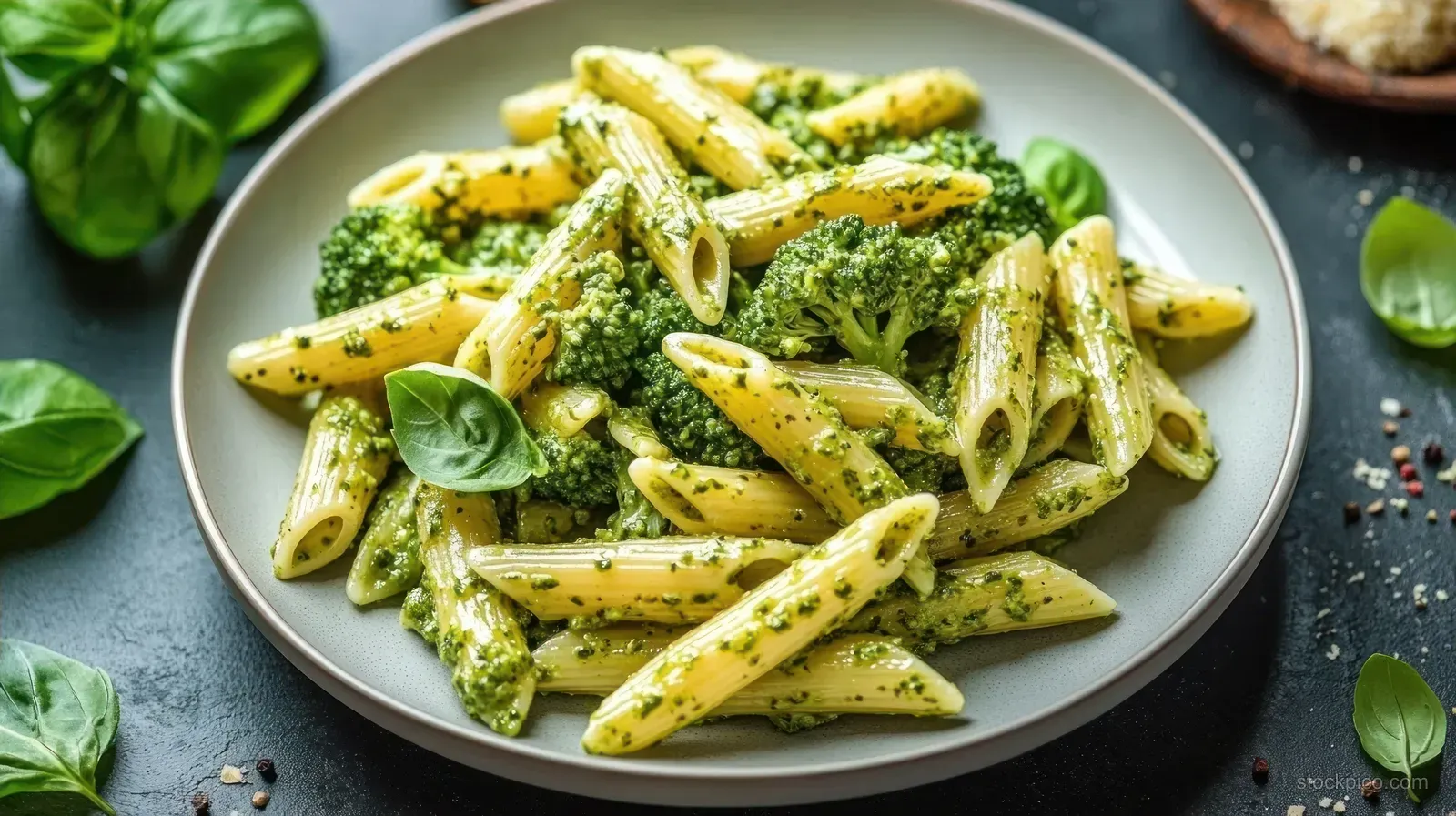Penne pasta with green pesto sauce on a plate with broccoli florets and basil leaves on a gray surface.