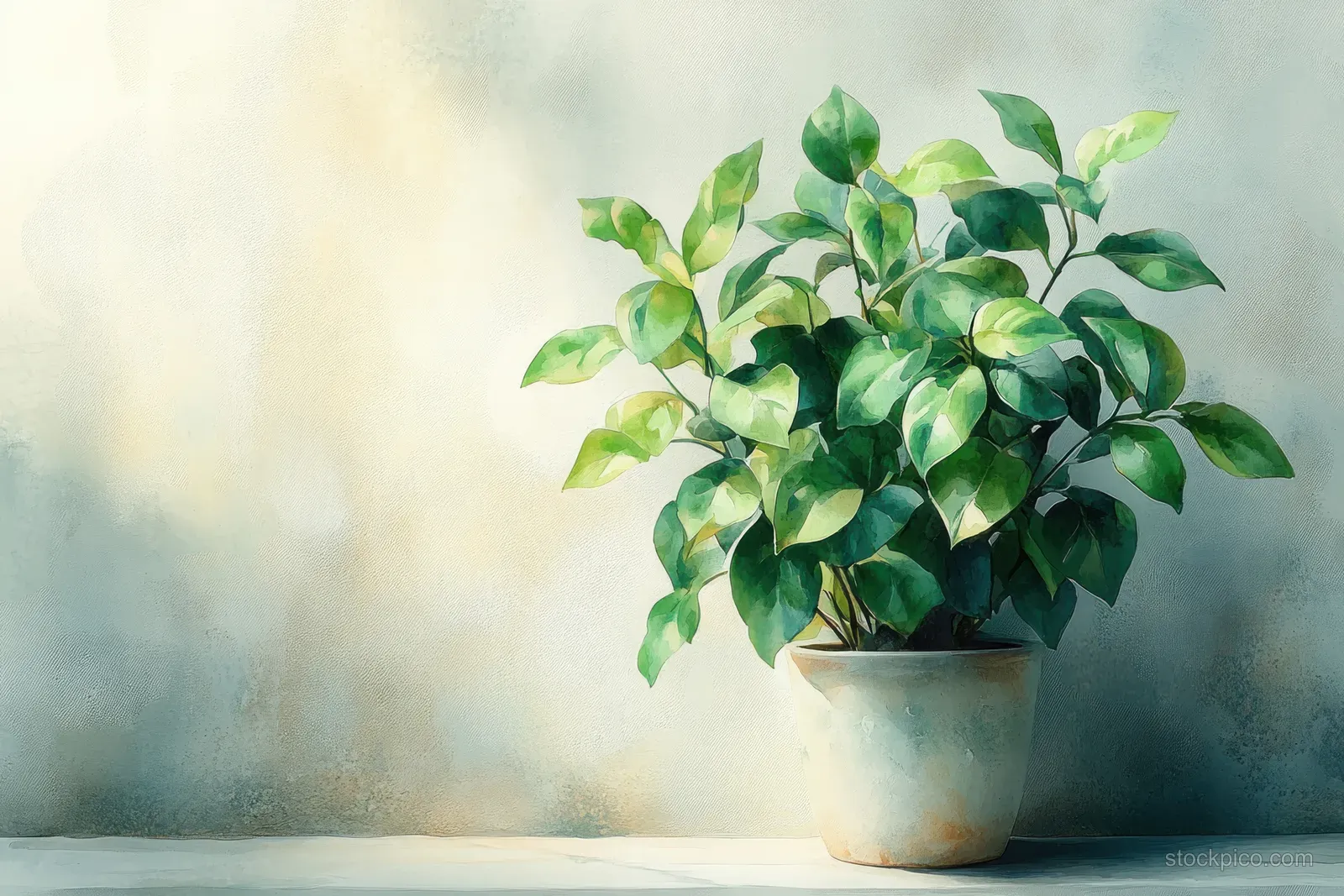 A potted philodendron with dark green heart-shaped leaves sits against a softly painted wall.