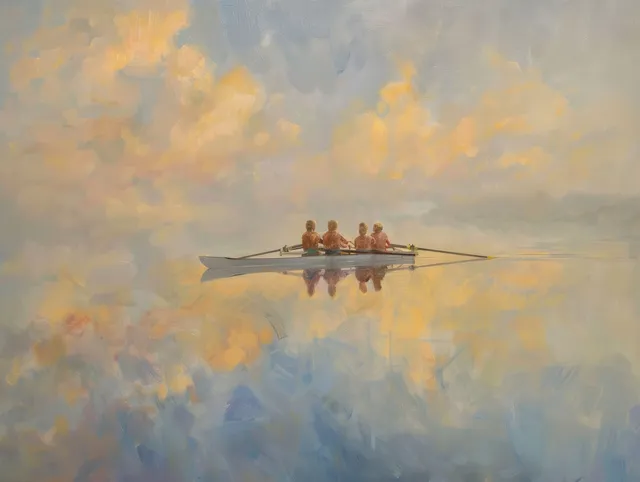 Women rowers in a quadruple sculls boat glide across calm water under a pastel sky.