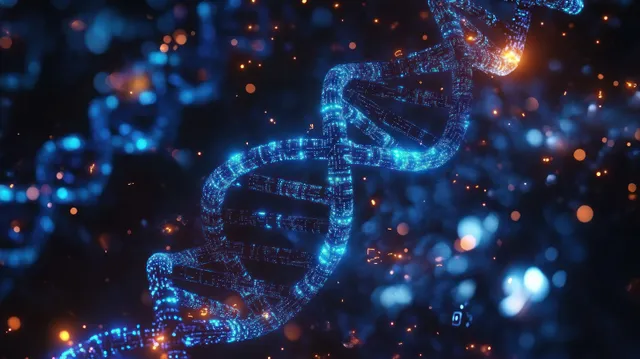 A glowing DNA helix twists through a dark background with circuit patterns and floating particles.