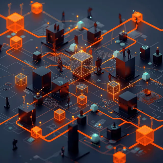Isometric cyber network with people icons linked by glowing orange lines on dark blocks