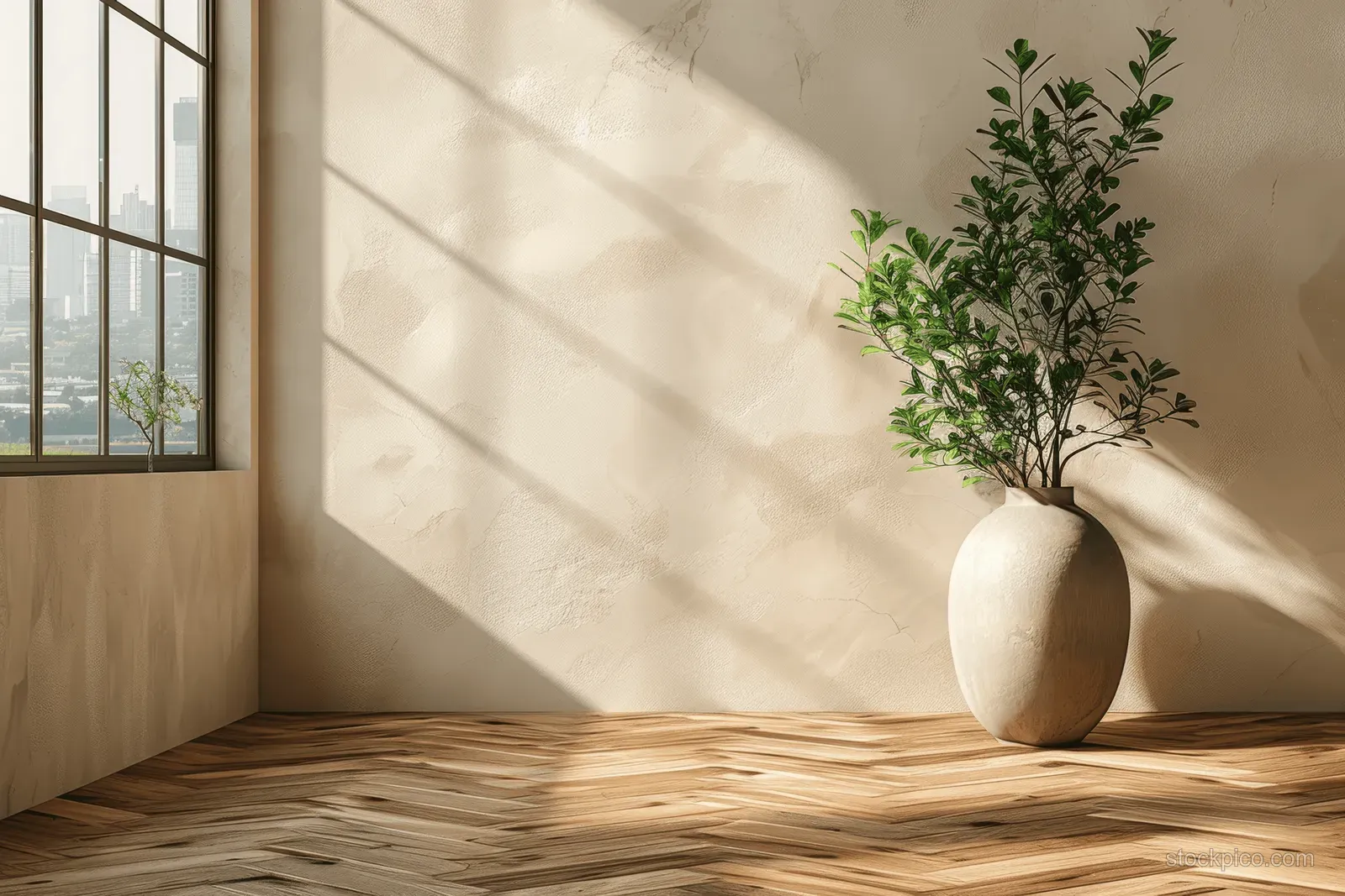 Sunlight casts diagonal shadows across a minimalist room with a potted plant and herringbone wood floor.