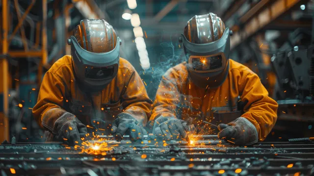 Two arc welders in helmets work on metal parts with intense sparks in an industrial workshop.