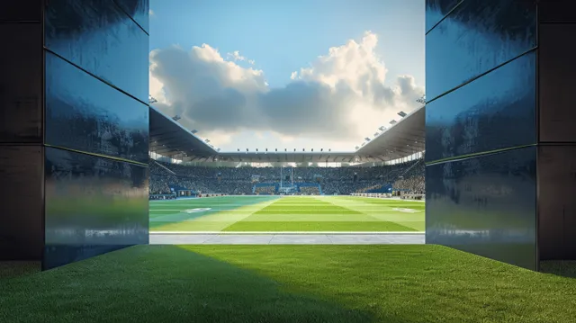 Football stadium entrance view with green pitch and distant stands filled with fans