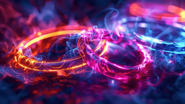 Neon energy rings spiral through colorful motion blur for athletic race event graphics