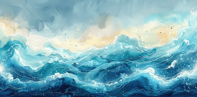 Cartoon ocean wave background with turquoise watercolor swirls and summer splash