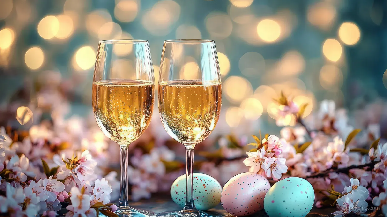 Two champagne glasses rest beside spring blossoms and pastel speckled eggs with warm bokeh lights in the background.