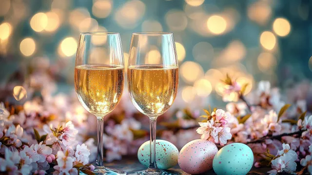 Two champagne glasses rest beside spring blossoms and pastel speckled eggs with warm bokeh lights in the background.