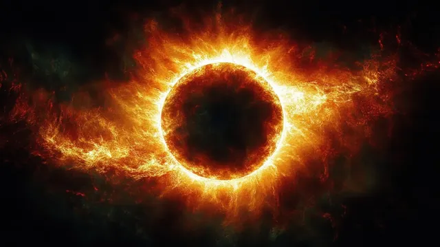 Fiery orange ring glows around a dark center amid swirling flames and black smoke in space.