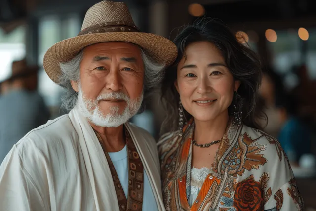 An Asian senior couple smiles closely, wearing light traditional-inspired outfits against a softly blurred outdoor background.