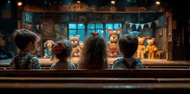 Children watching colorful puppets perform on a theatre stage under warm spotlights.