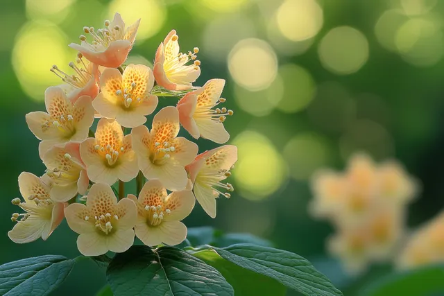 Horse chestnut flower clusters and green leaves under bright spring light with soft bokeh background blossoms.