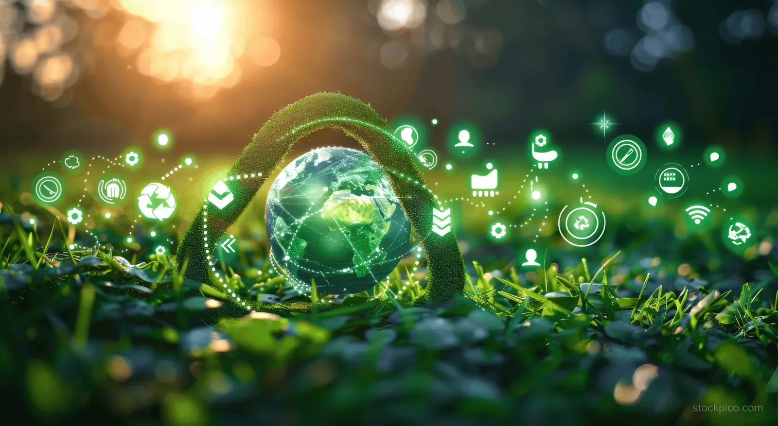 Glowing Earth with recycling and renewable energy icons on green grass suggesting circular economy sustainability.
