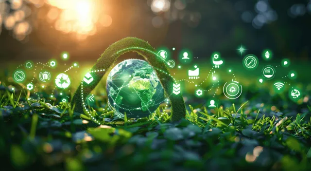 Recycling and renewable energy symbols glowing over a small earth on green grass