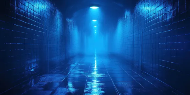 A dark blue corridor with wet glossy tiles and drifting fog under a glowing overhead light beam.