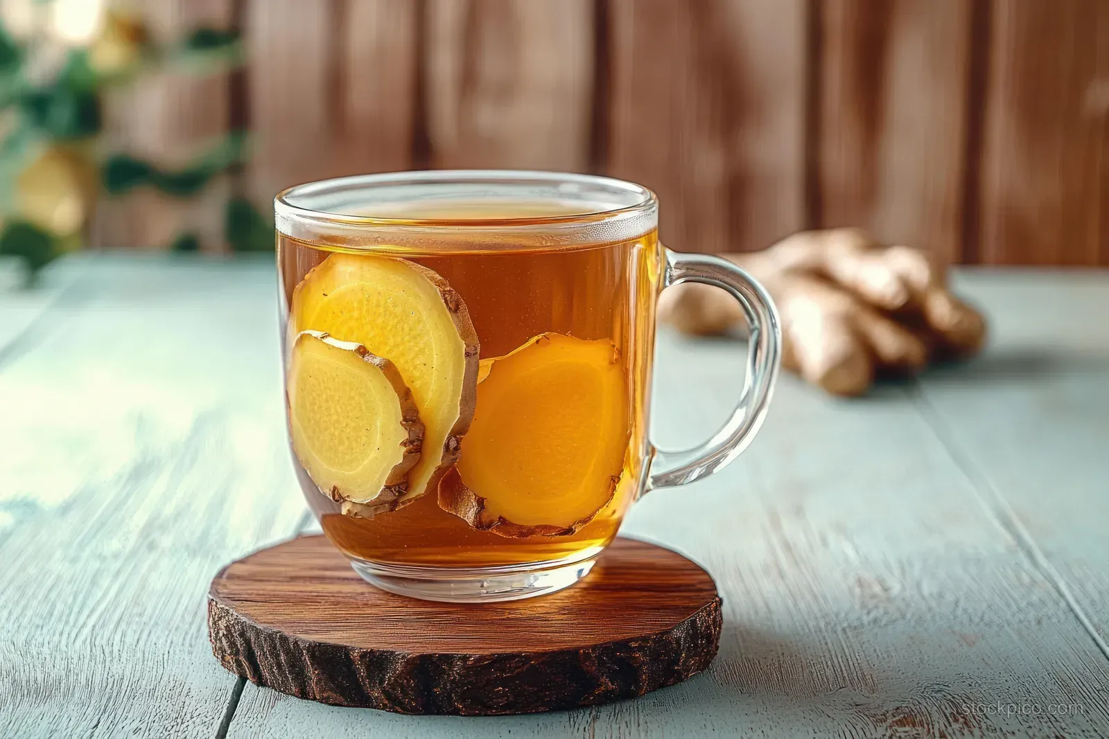 A glass mug of ginger tea with sliced ginger sits on a round wooden coaster atop a light blue rustic table.