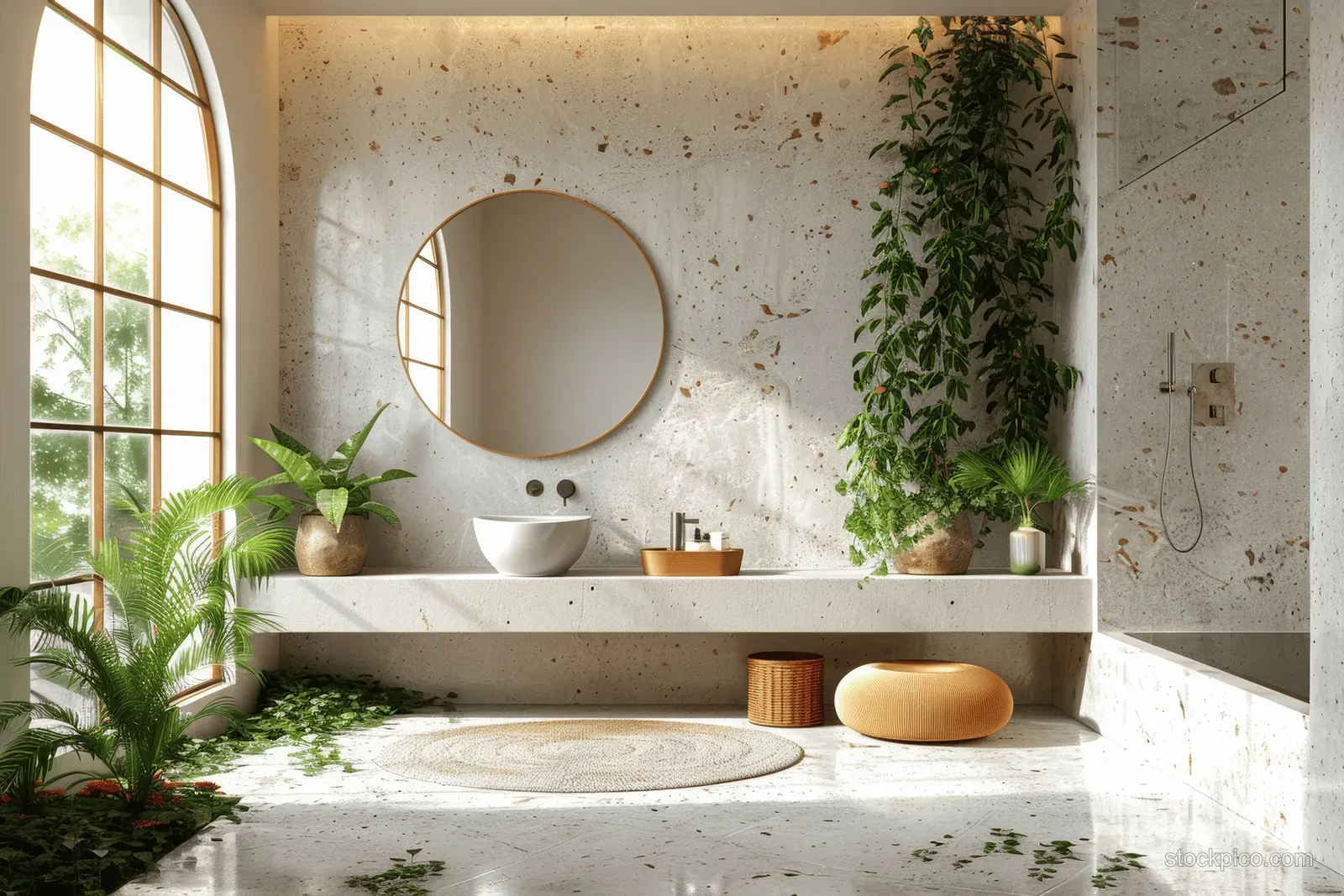 Sunlit minimalist bathroom with a round mirror, stone sink, arched windows, and potted green plants on the ledge.