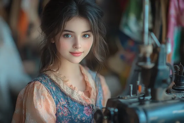 A young seamstress operates a vintage sewing machine surrounded by colorful folded fabrics.
