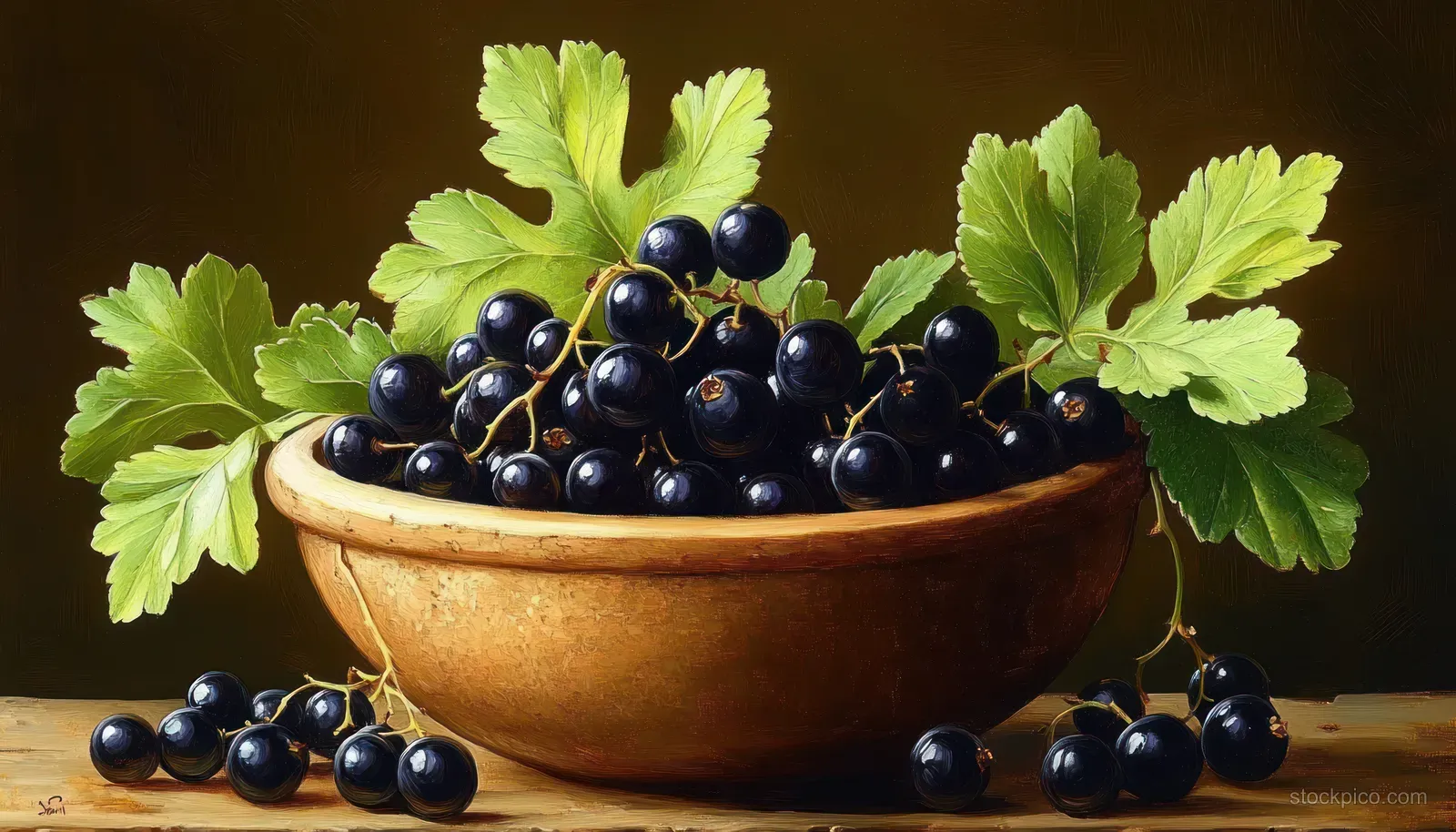 Rustic brown bowl filled with glossy dark currants and green leaves on a wooden table against a dark background.