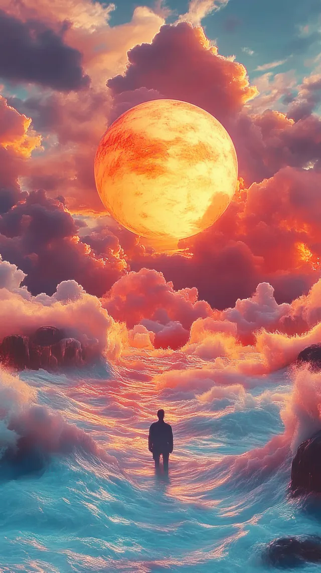Silhouette Standing in Turbulent Water Beneath a Glowing Orange Sky