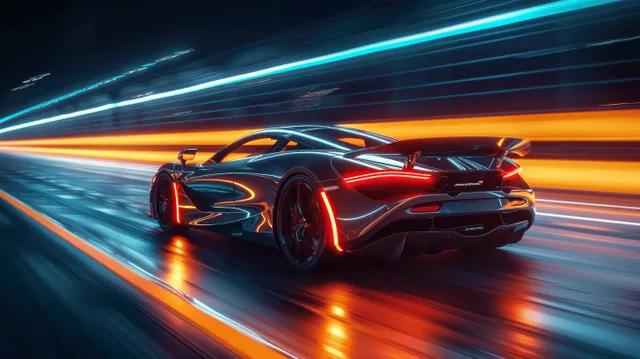 Futuristic supercar racing down neon-lit highway at night with motion-blur lights