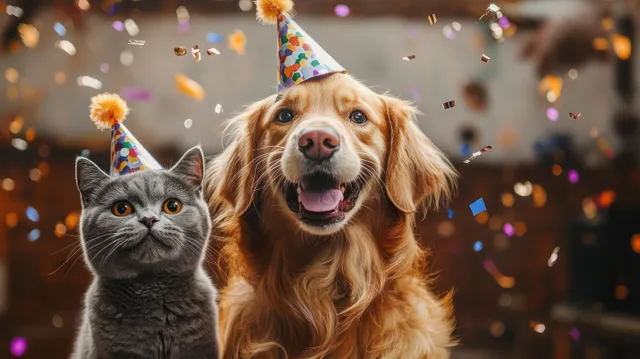 Golden retriever and gray cat wear party hats while confetti falls in an indoor celebration.