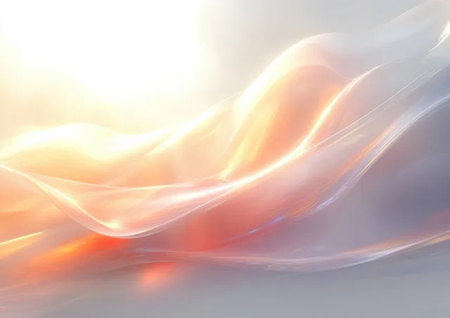 Soft abstract light prism waves glow across a pastel gradient background with delicate shimmering streaks.