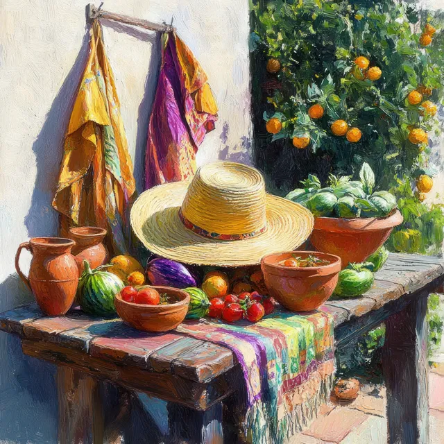 Wooden table displays fresh vegetables, clay pots, and a straw hat in front of an orange tree under sunlight.