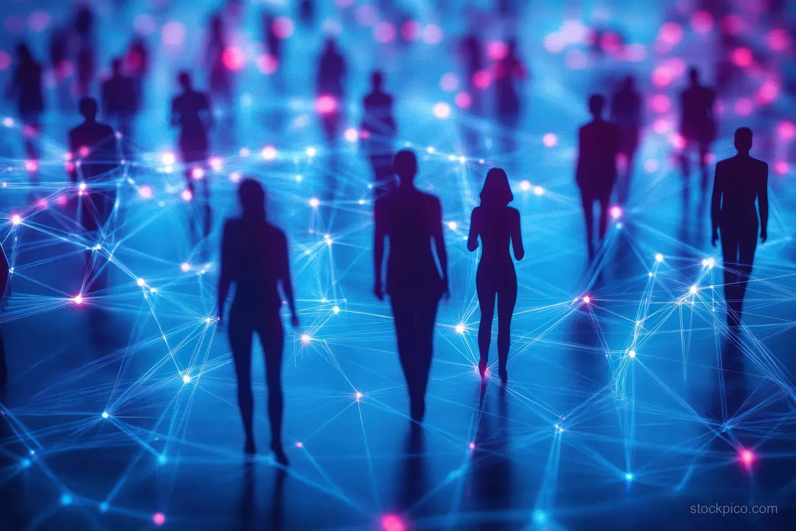 Silhouetted people on a blue and pink glowing network grid with connected light nodes.