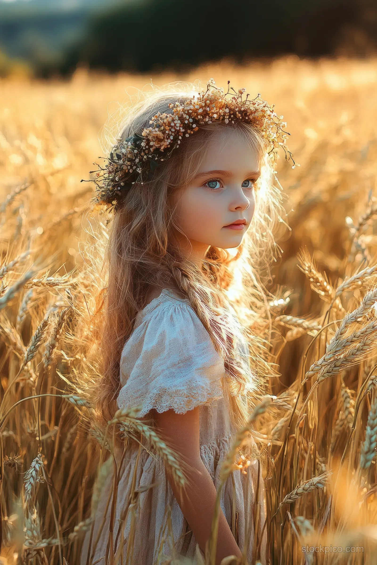 Young girl with a flower crown stands thoughtfully in a golden wheat field under warm late-afternoon sunlight.