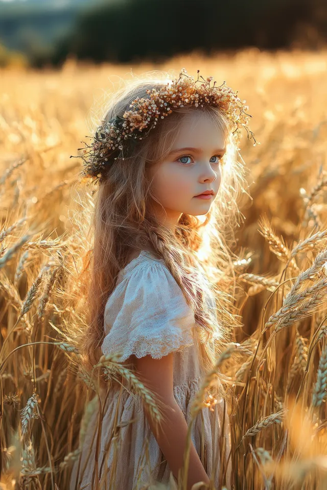 Young girl with a flower crown stands thoughtfully in a golden wheat field under warm late-afternoon sunlight.