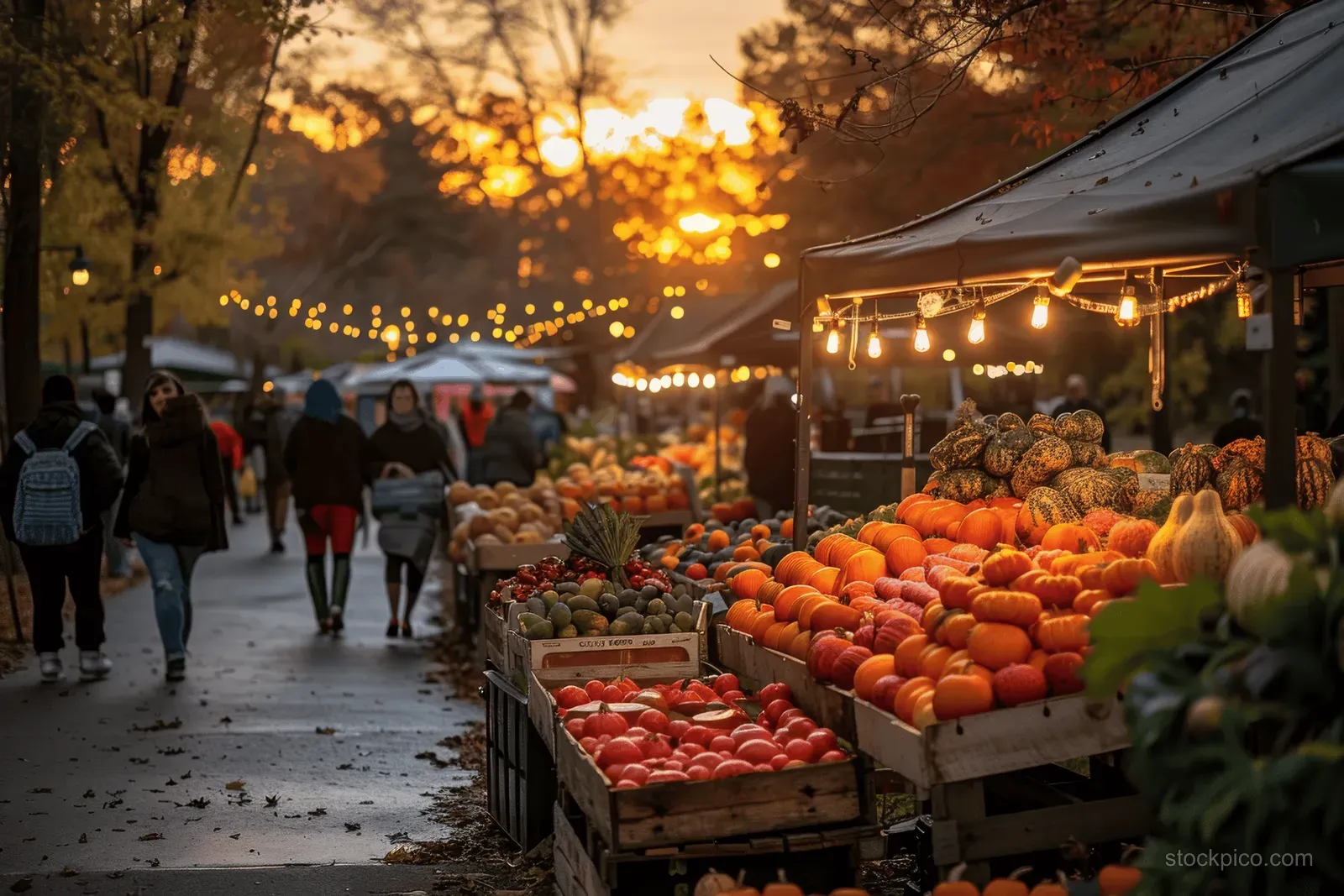 Pumpkin and gourd stalls line an outdoor farmers market street as string lights glow at sunset.