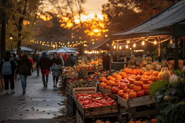 Pumpkin and gourd stalls line an outdoor farmers market street as string lights glow at sunset.