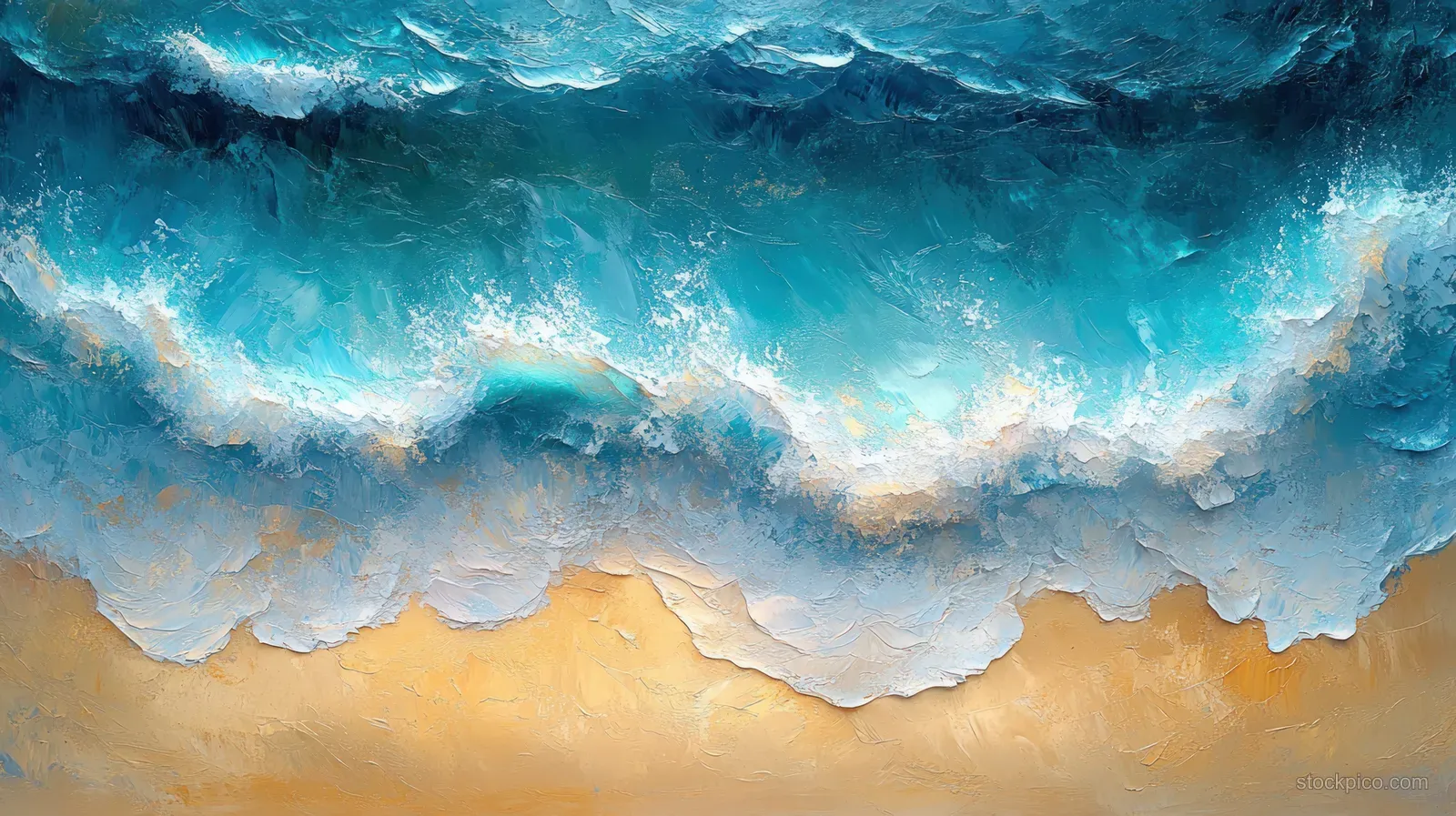 Aerial perspective shows ocean waves crashing onto dark sand with white foam and bright blue water.