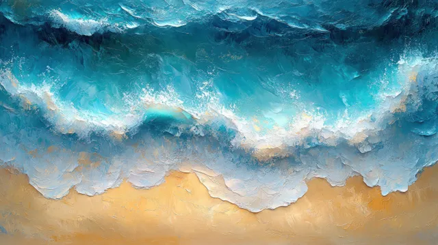 Aerial perspective shows ocean waves crashing onto dark sand with white foam and bright blue water.