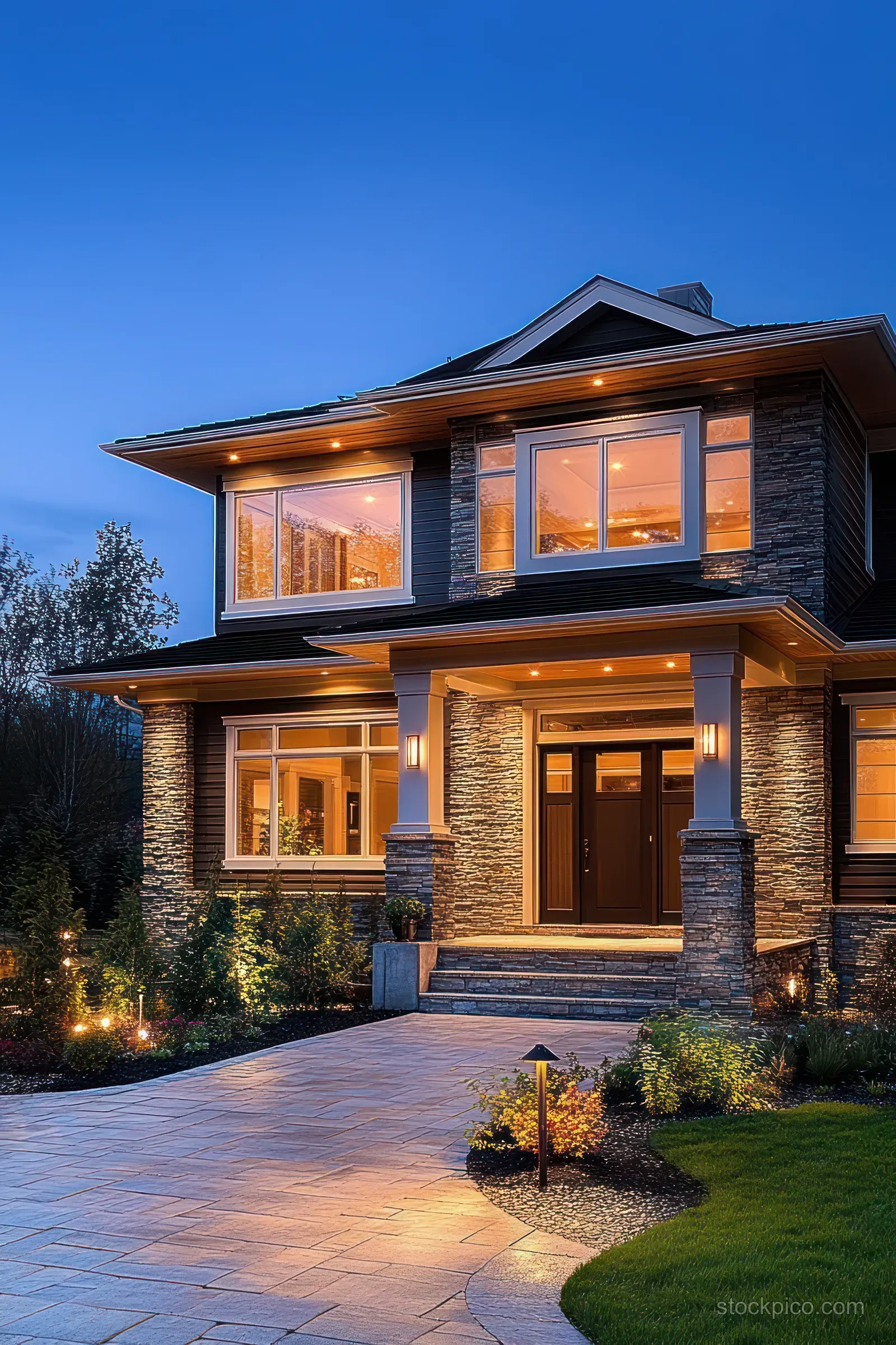 Modern two-story house exterior at dusk with warm interior window glow and lit porch steps.