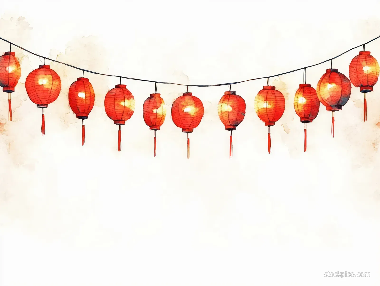 Red paper lanterns hang in a row along a rope line, glowing warmly against a pale background.