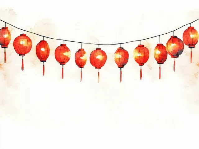 Red paper lanterns hang in a row along a rope line, glowing warmly against a pale background.