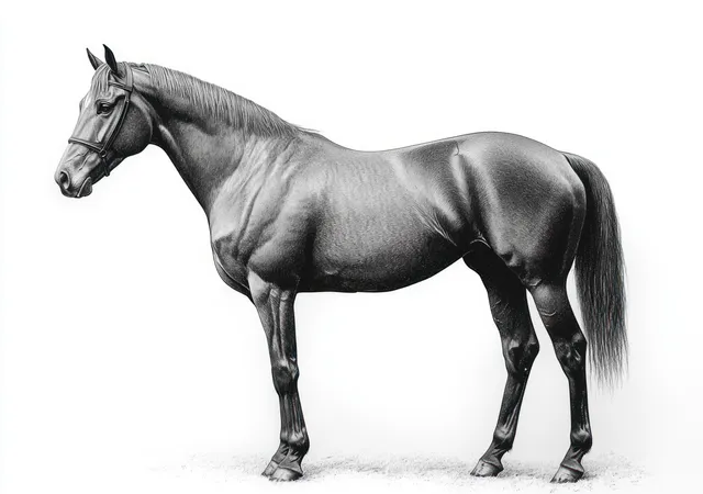 Hyper-realistic pencil sketch of a standing horse with elegant posture in minimal white studio