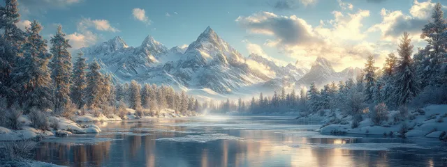 Frozen mountain lake winter scene with icy reflections and distant snowy peaks