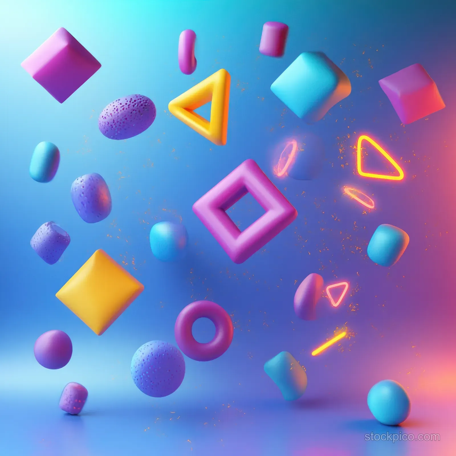 Floating colorful 3D geometric blocks, rings, and cylinders over a neon gradient abstract background.