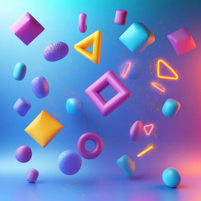 Floating colorful 3D geometric blocks, rings, and cylinders over a neon gradient abstract background.