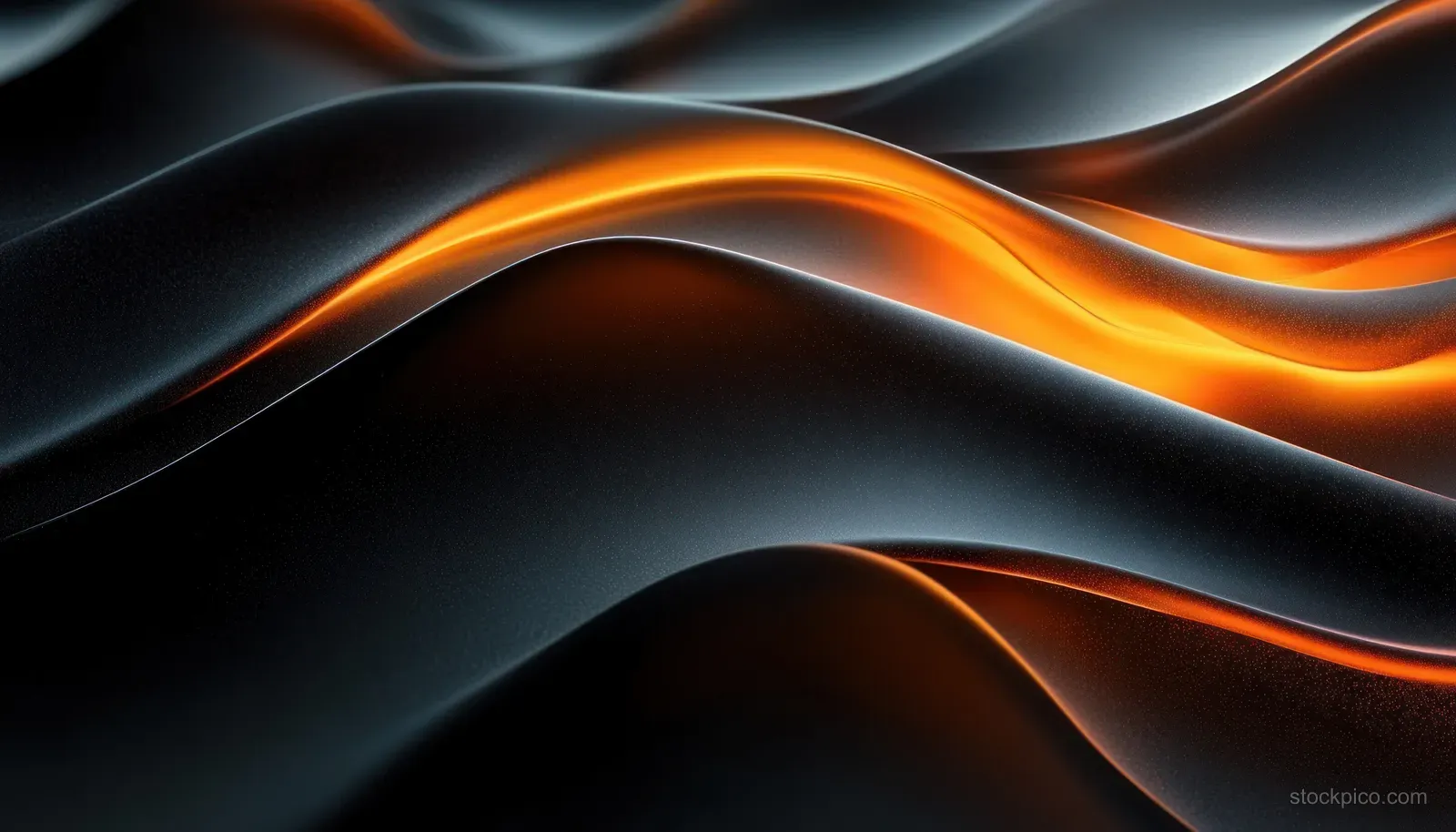 Glowing orange wave ribbons curl across a dark abstract background with smooth flowing contours.