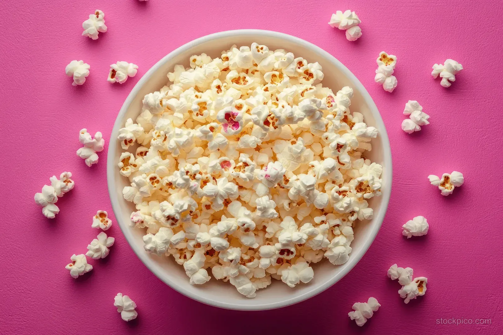 White bowl filled with freshly popped popcorn with scattered kernels on a bright pink background.