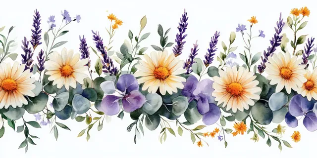 Watercolor wildflower seamless border with daisies lavender eucalyptus and soft greenery