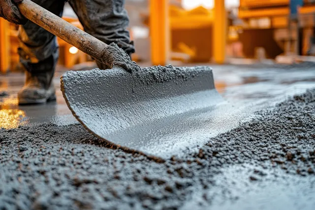 Construction worker troweling wet concrete floor for smooth leveling indoors