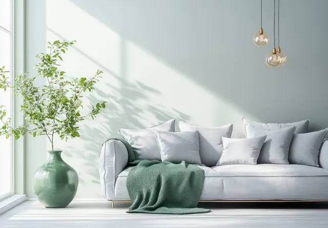 Gray minimalist sofa in a bright room with a green throw blanket, white pillows, and sunlit window shadows.