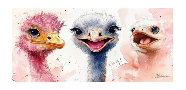 Three whimsical ostrich portraits in soft watercolor savanna tones